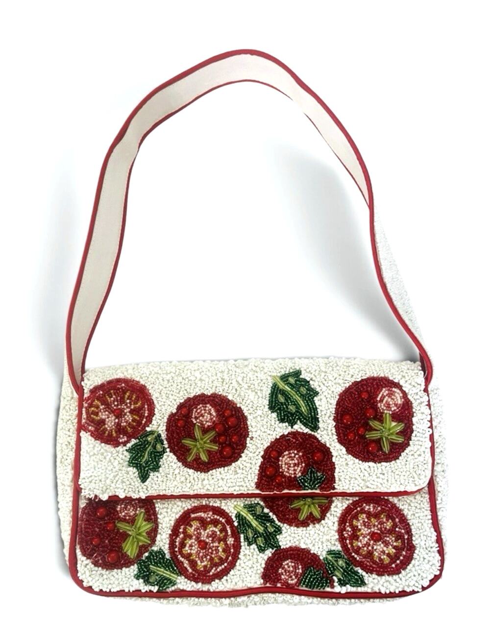 Viral Beaded Handcrafted Tomato Shoulder Bag Made in India White Red Fruit